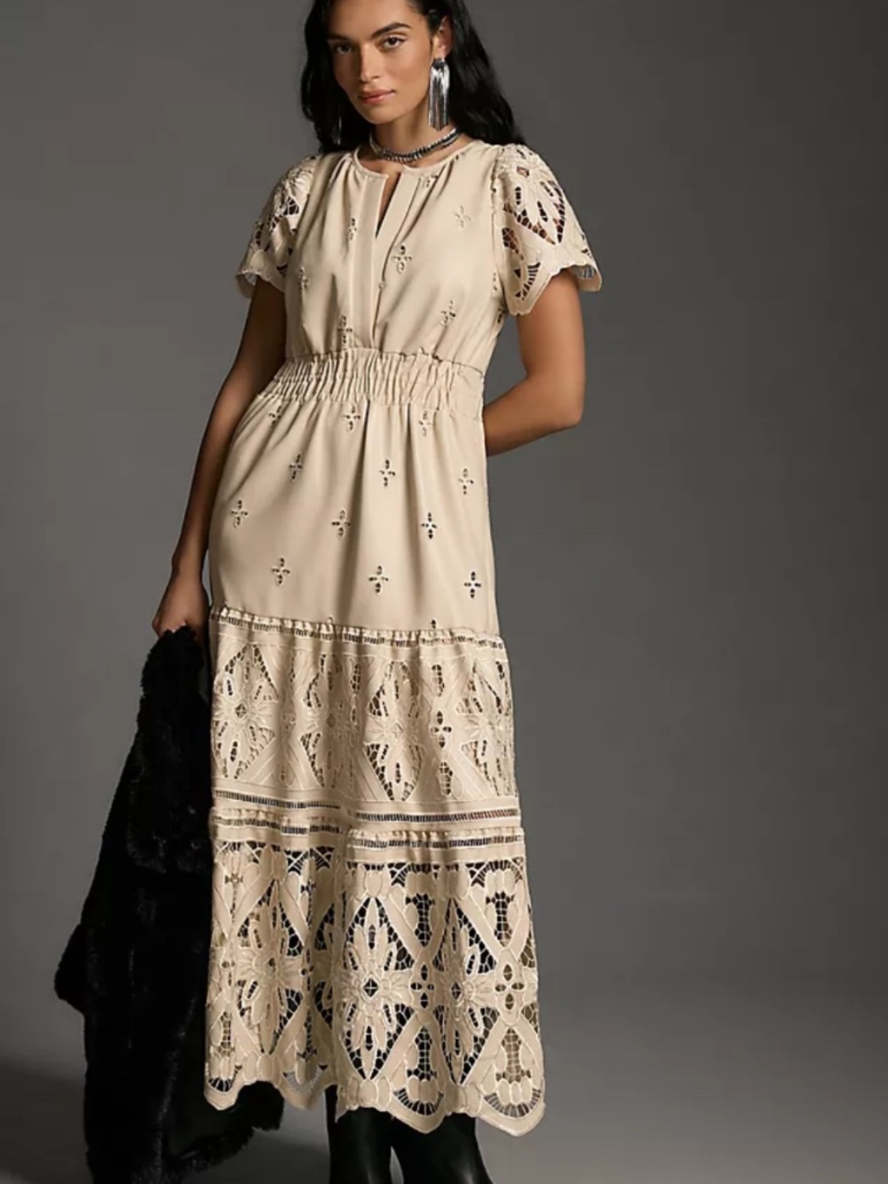 ANTHROPOLOGIE Ivory Somerset Maxi Dress Faux Leather Embroidered Edition Size XL